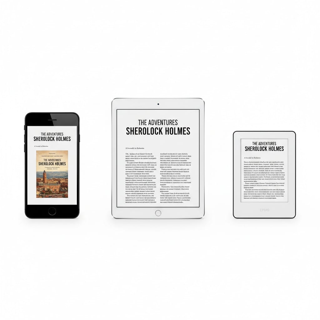 EPUB ebook format displayed on phone, tablet, and e-reader showing reflowable text
