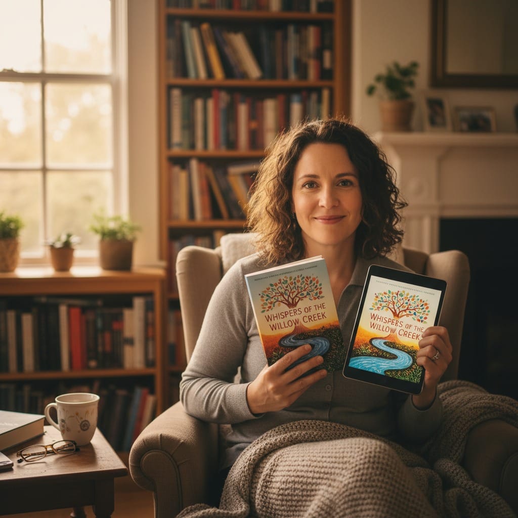 Proud indie author holding their finished e book ready to self-publish