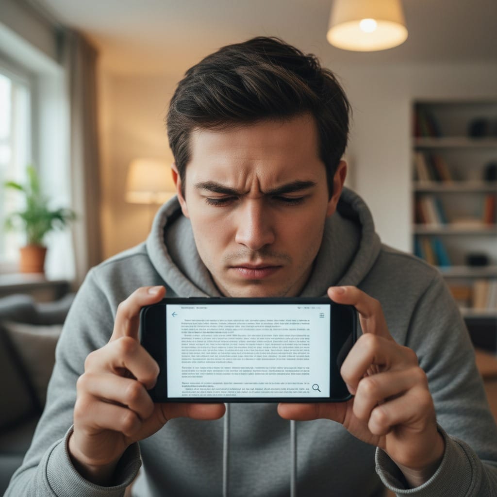 Person struggling to read a fixed PDF e book on a small smartphone screen
