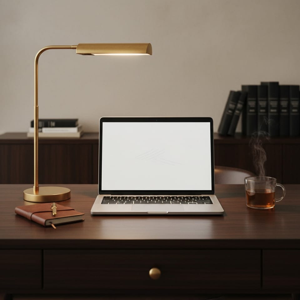 A minimal writer's workspace with laptop and soft lamp light  representing free eBook formatting for indie authors in 2025